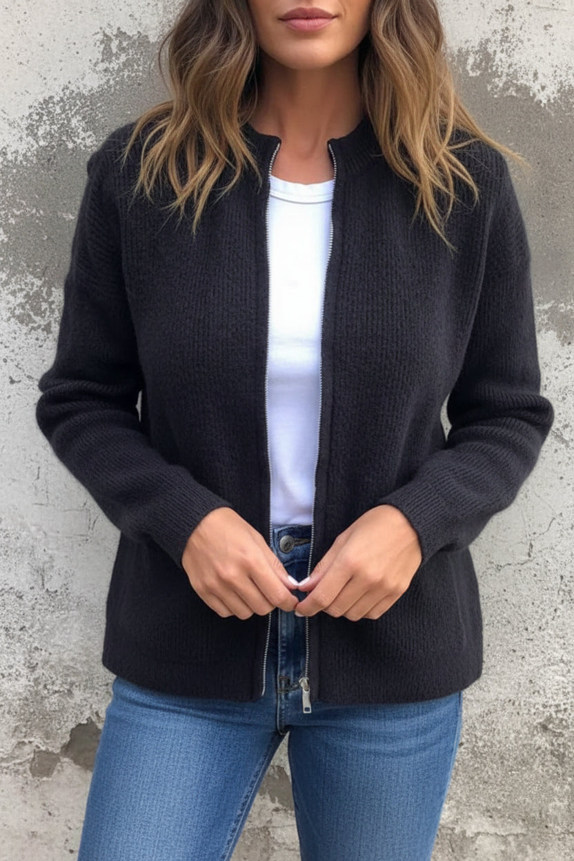 Women’s Ribbed Knit Zip-Up Jacket with Front Pockets – Casual Everyday Outerwear
