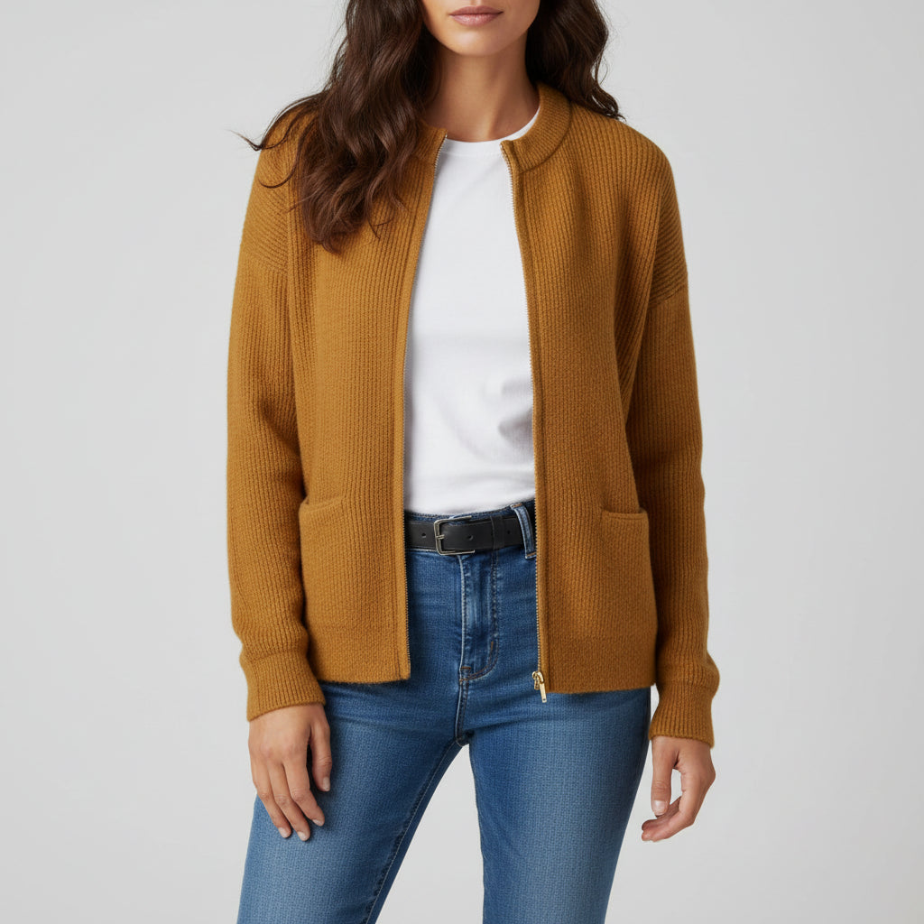 Women’s Ribbed Knit Zip-Up Jacket with Front Pockets – Casual Everyday Outerwear