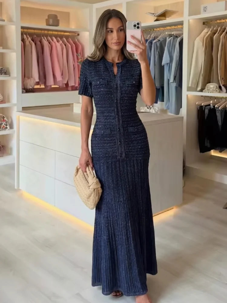 Sigrid | Sequin Short-Sleeve Button-Front Pleated Midi Dress – Formal Fall Wedding Guest and Evening Apparel
