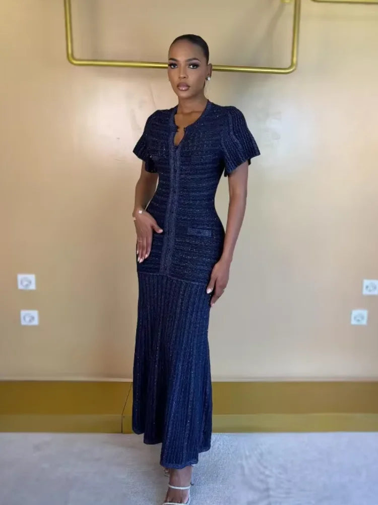Sigrid | Sequin Short-Sleeve Button-Front Pleated Midi Dress – Formal Fall Wedding Guest and Evening Apparel