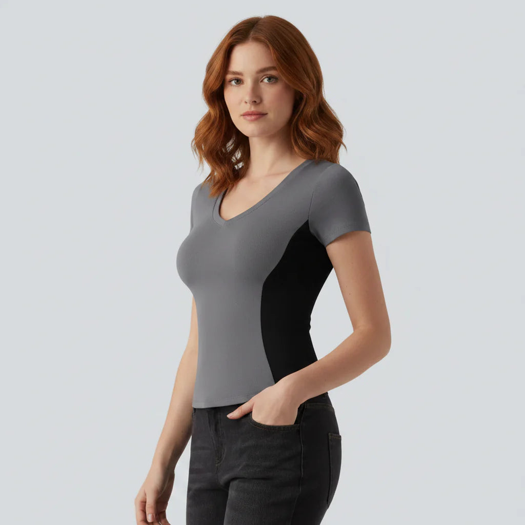 Women's Slimming Colorblock Ribbed V-Neck Tee – Contour Fit Stretch Short Sleeve Fashion Top