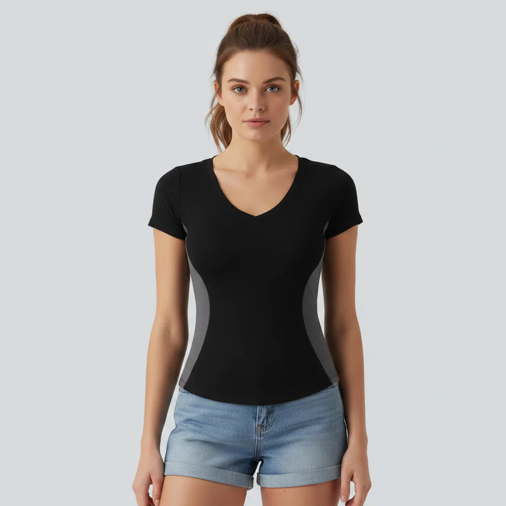 Women's Slimming Colorblock Ribbed V-Neck Tee – Contour Fit Stretch Short Sleeve Fashion Top