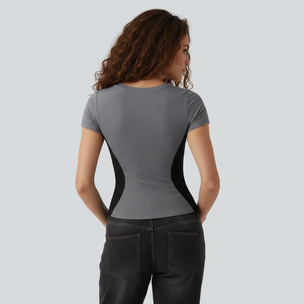 Women's Slimming Colorblock Ribbed V-Neck Tee – Contour Fit Stretch Short Sleeve Fashion Top