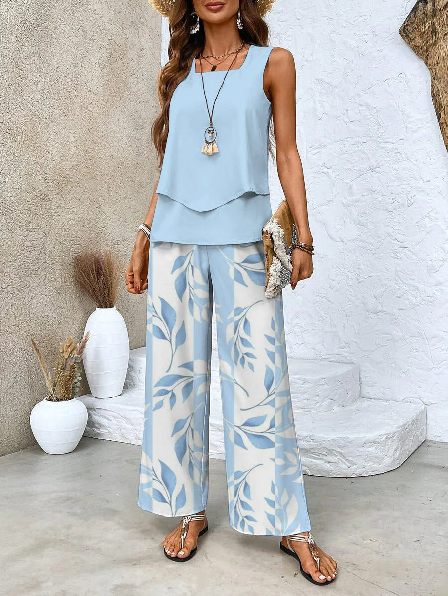 Women's Trendy Casual Co-Ord Set – Sleeveless Top & Flowy Pants Ensemble