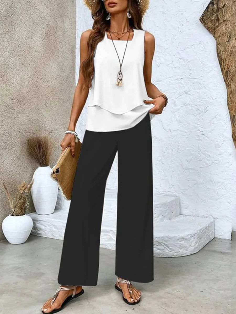 Women's Trendy Casual Co-Ord Set – Sleeveless Top & Flowy Pants Ensemble