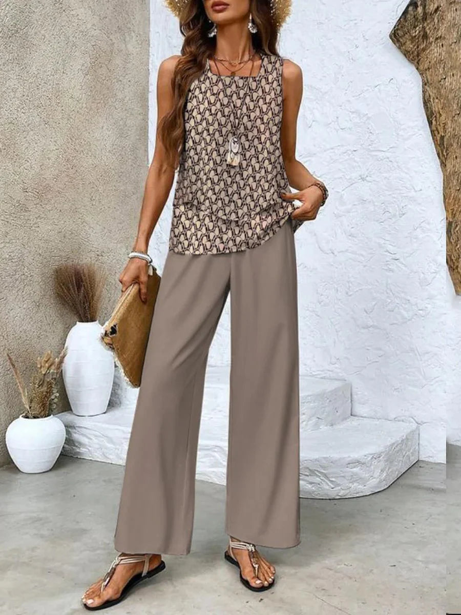 Women's Trendy Casual Co-Ord Set – Sleeveless Top & Flowy Pants Ensemble