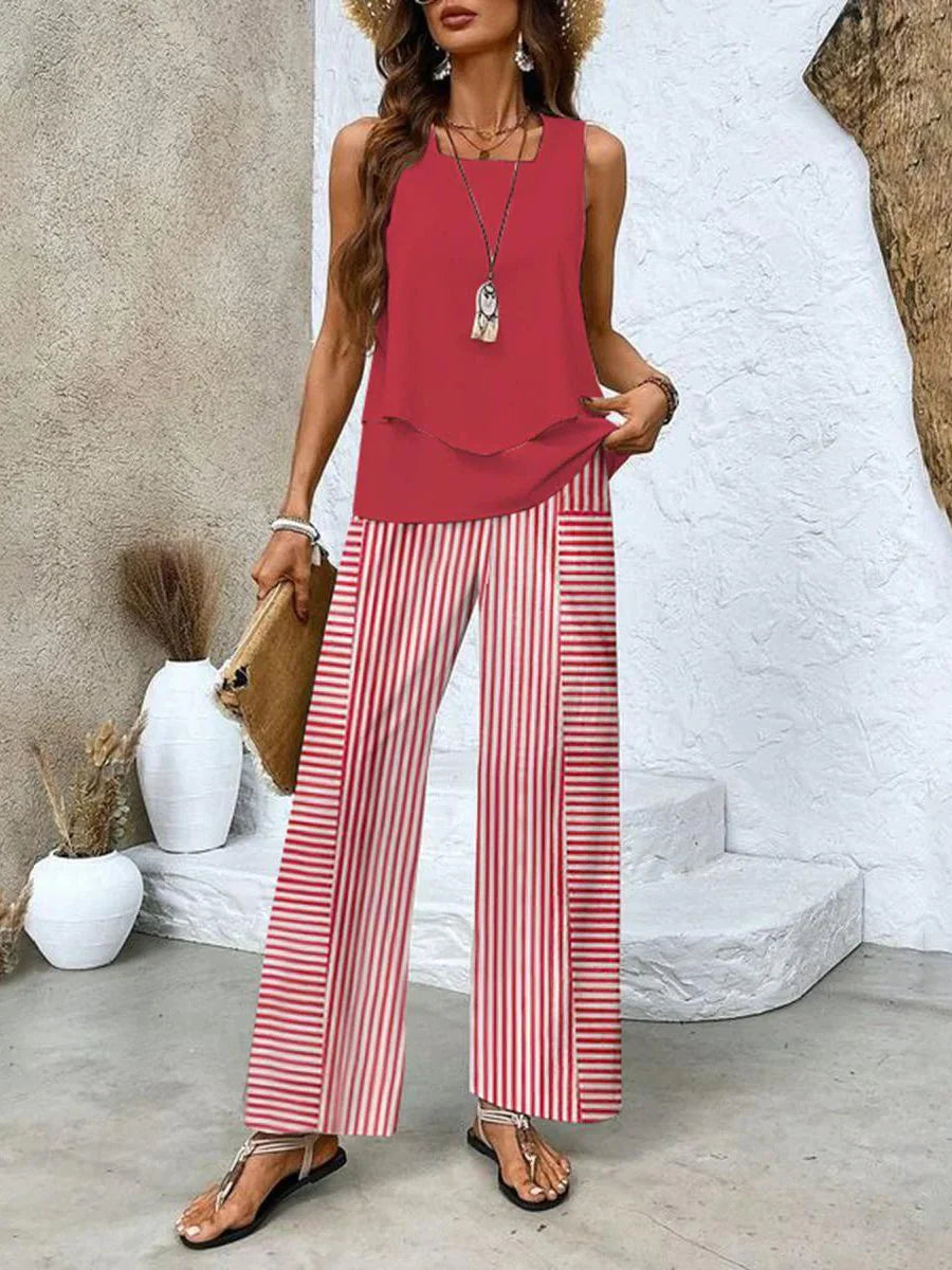 Women's Trendy Casual Co-Ord Set – Sleeveless Top & Flowy Pants Ensemble