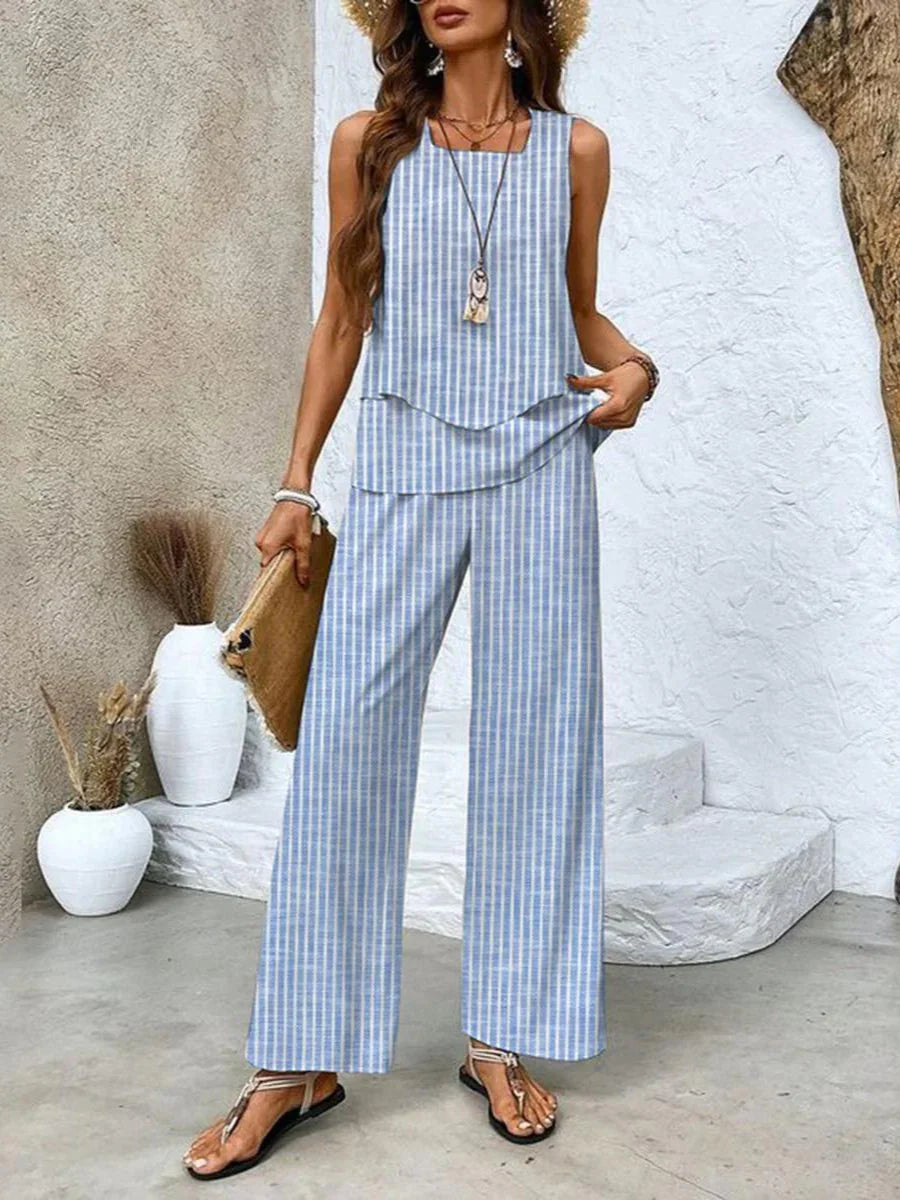 Women's Trendy Casual Co-Ord Set – Sleeveless Top & Flowy Pants Ensemble