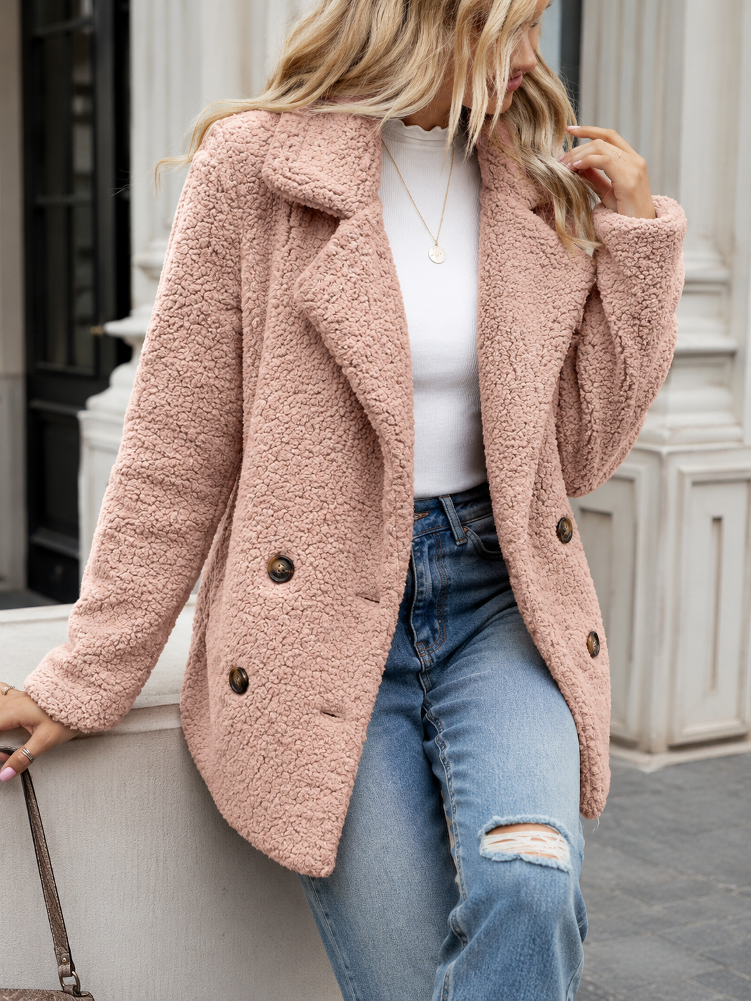 Stellar | Teddy Coat – Notched Collar Double-Breasted Fuzzy Outerwear