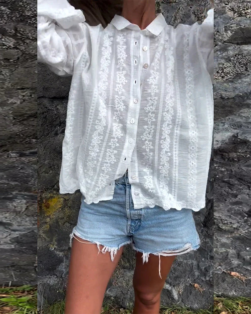 Women’s Elegant Deep V Lace Long Sleeve Top – Romantic Sheer Detail Chic Blouse for Effortless Sophistication
