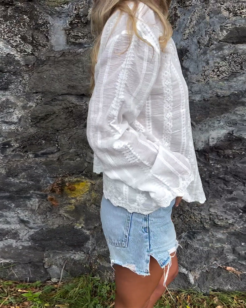 Women’s Elegant Deep V Lace Long Sleeve Top – Romantic Sheer Detail Chic Blouse for Effortless Sophistication