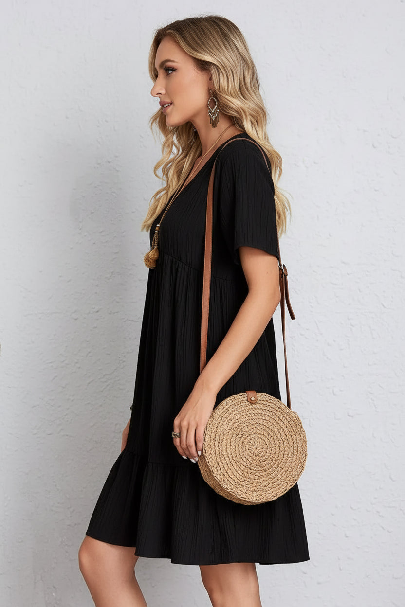 Women's Boho-Inspired Swing Mini Dress - Short Sleeve V-Neck Dress for Beach & Travel