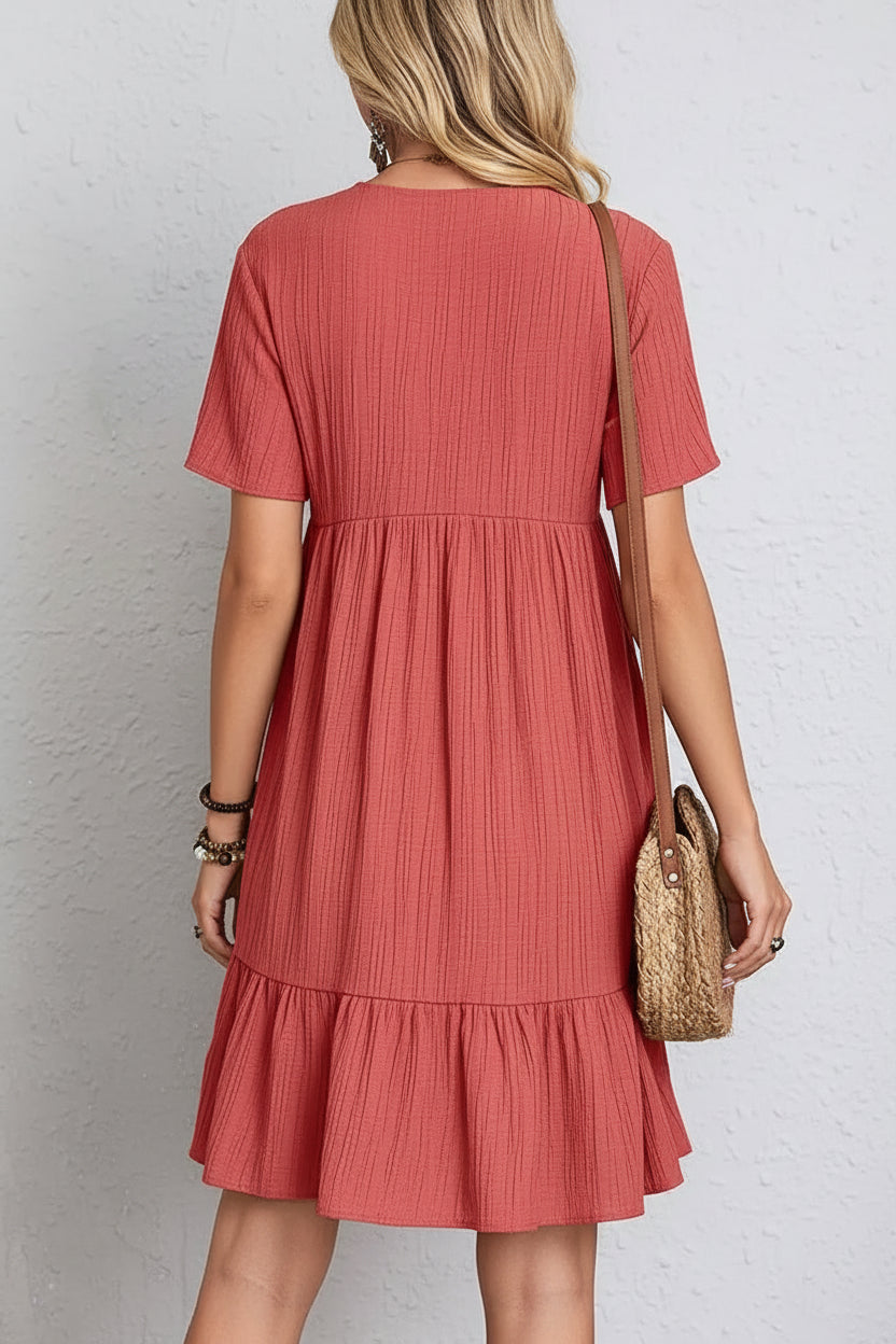Women's Boho-Inspired Swing Mini Dress - Short Sleeve V-Neck Dress for Beach & Travel