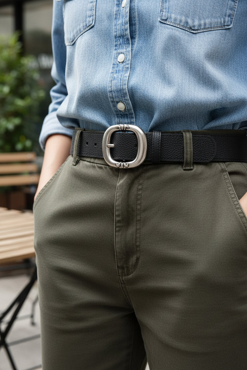 Women's Classic Wide Waist Belt with Oval Buckle - Modern Minimalist Style