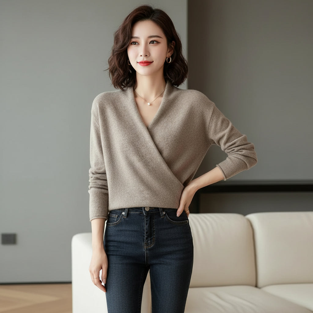 Women’s Modern Wrap-Effect Knit Top – V-Neck Long Sleeve