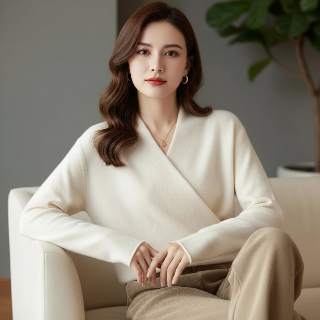 Women’s Modern Wrap-Effect Knit Top – V-Neck Long Sleeve