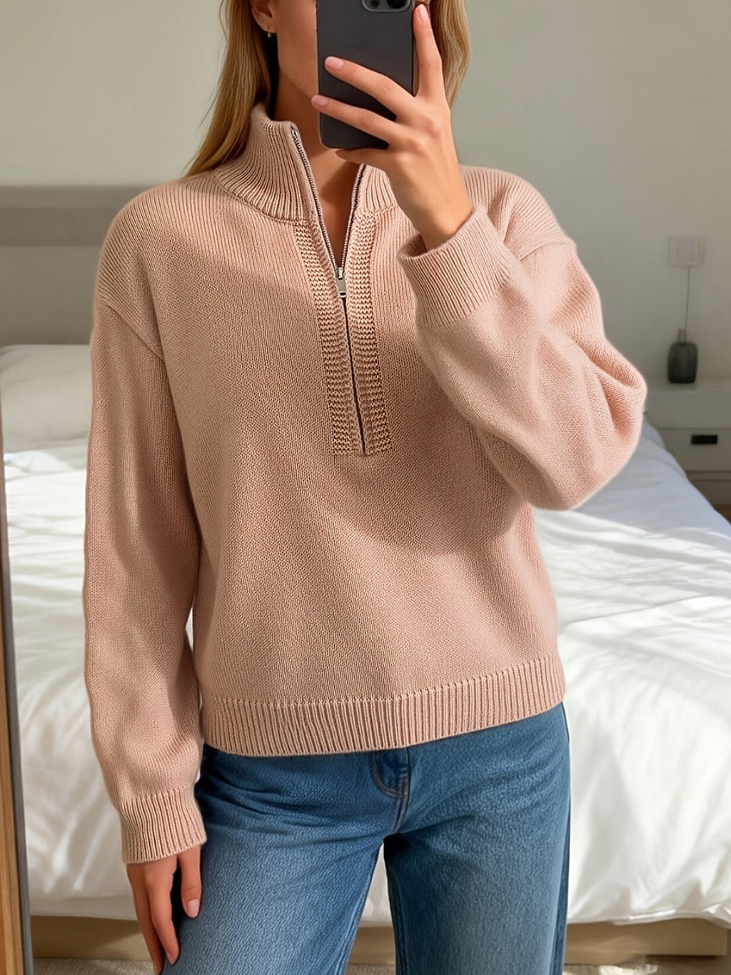 Dido | Stand-Collar Quarter-Zip Ribbed-Hem Sweater - Drop-Shoulder Knitwear