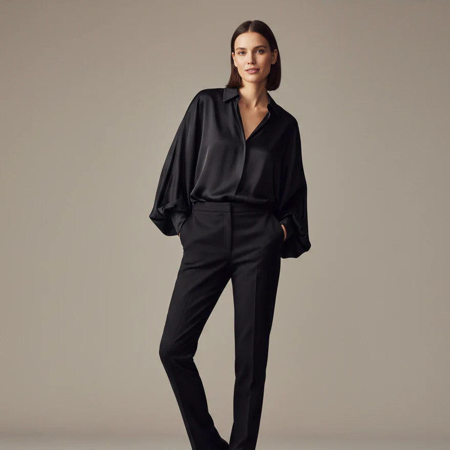 Women’s Long Sleeve Collared Blouse – Refined Draped Blouse for Office & Events